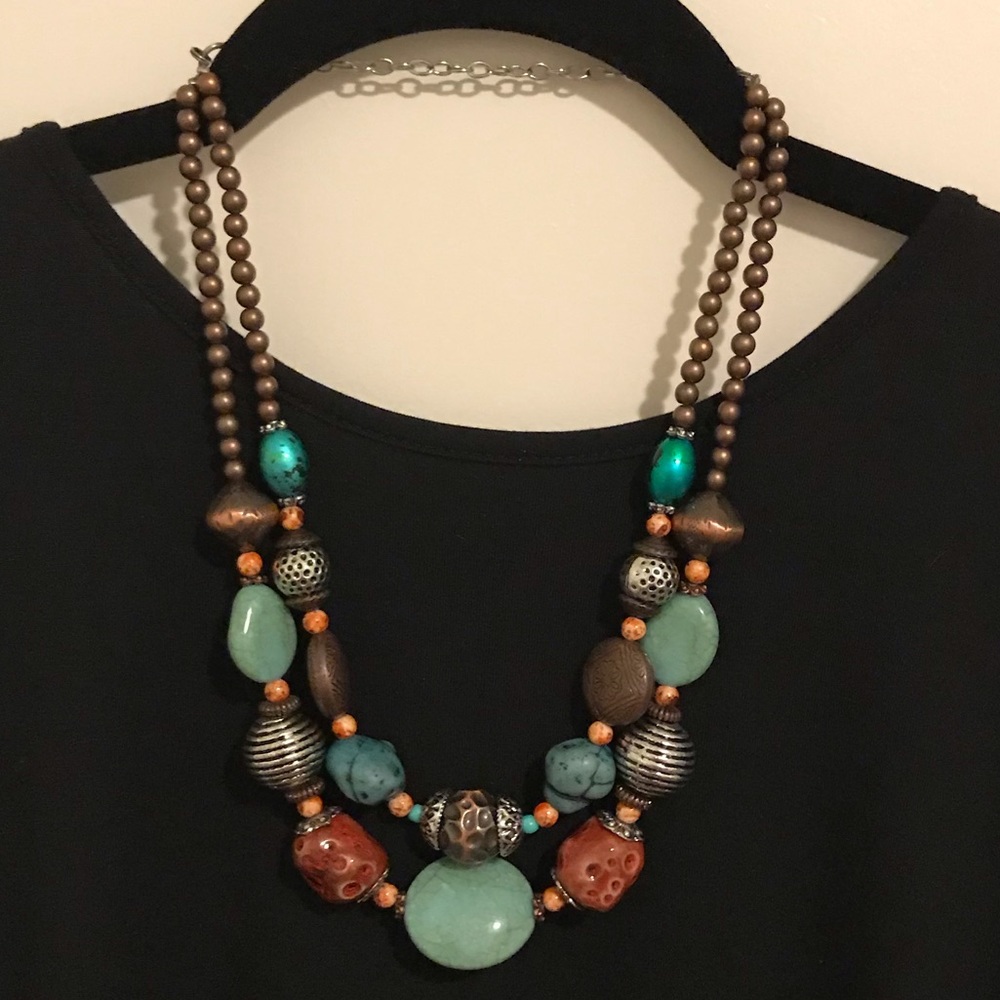 Chico’s Turquoise, Rust, Silver 2-Strand Necklace